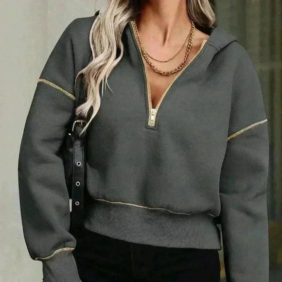 Dark Grey Casual Women's Half-Zip Hooded Sweatshirt - Picture 5 of 6